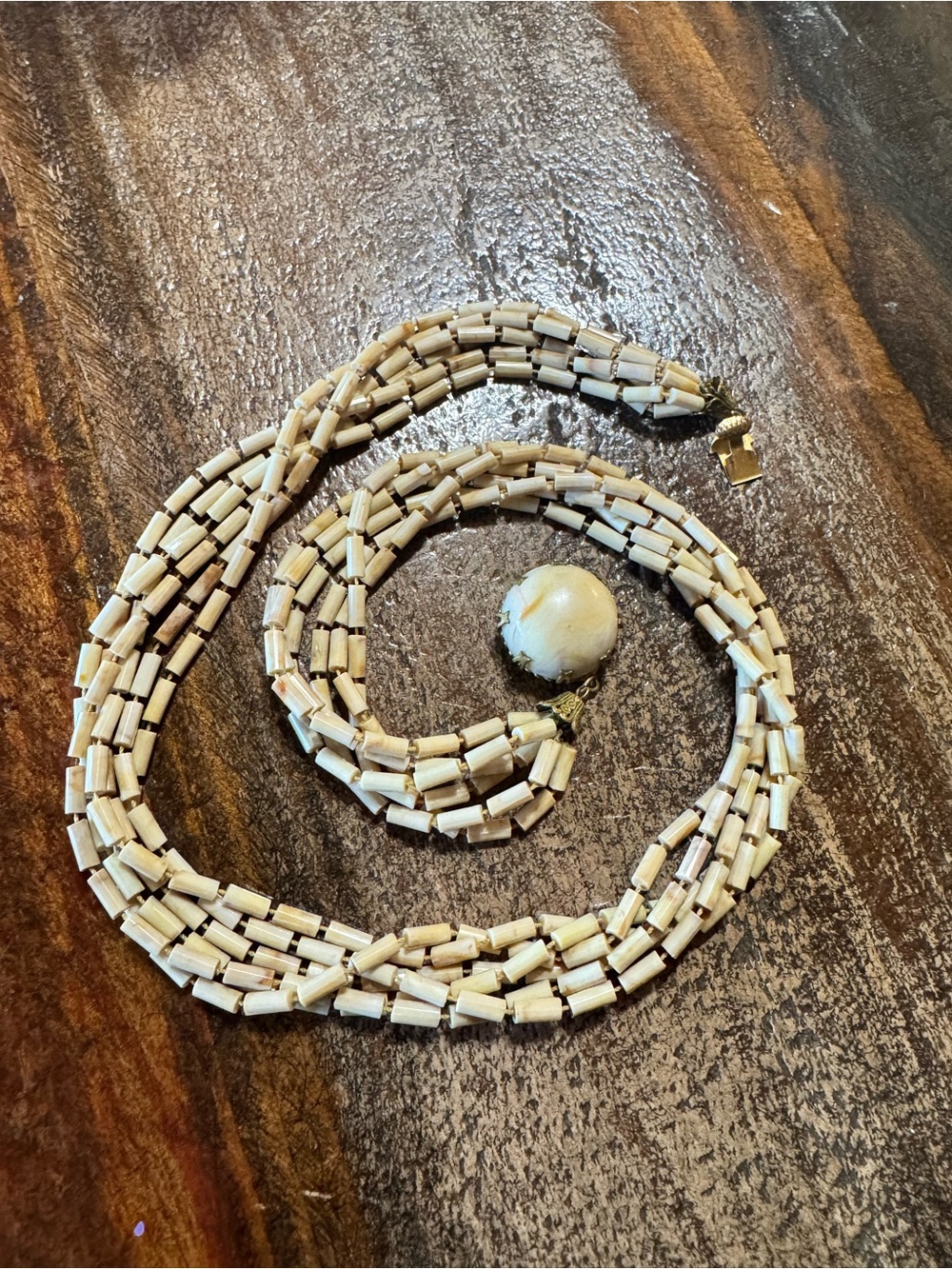 Beige Multi-Strand Tube Bead Necklace with Pendant - Unbranded